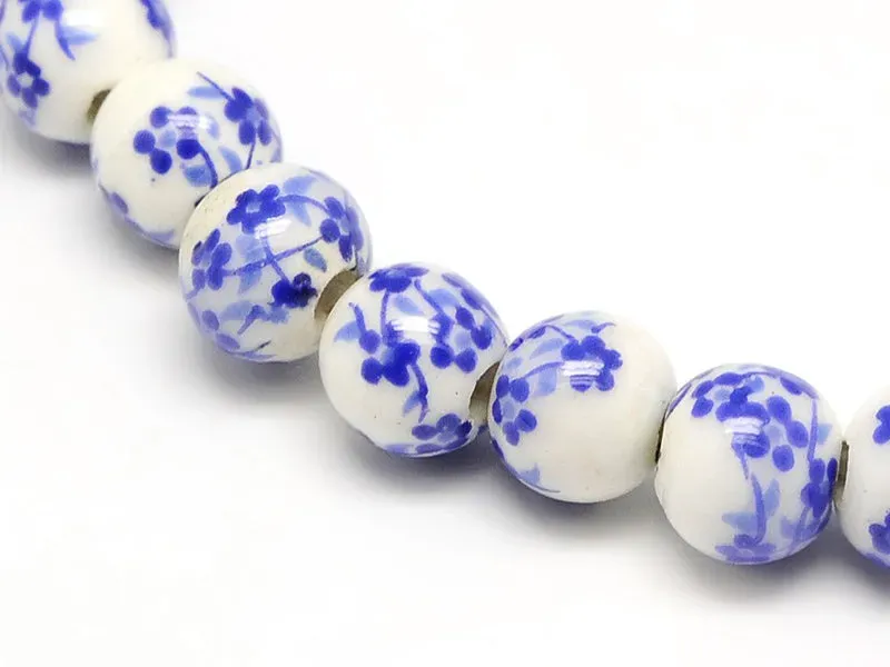 La Petite Epicerie porseleinen kralen blauwe bloemen 6 mm 10 stuks