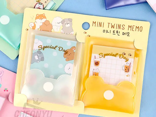 Twins mini memoblok met hoesje geel-wit set van 2 compact