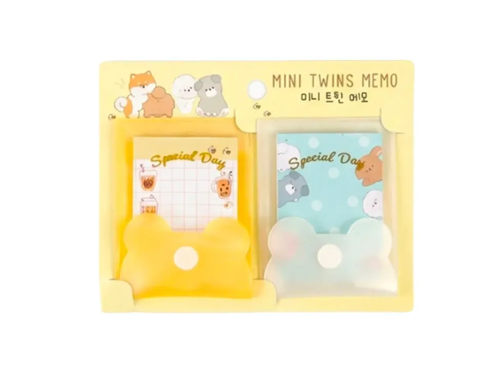 Twins mini memoblok met hoesje geel-wit set van 2 compact